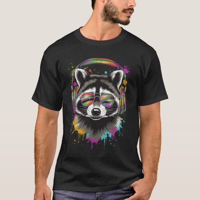 Cool Racoon DJ Concert Festival Music Costume T-Shirt (Front)