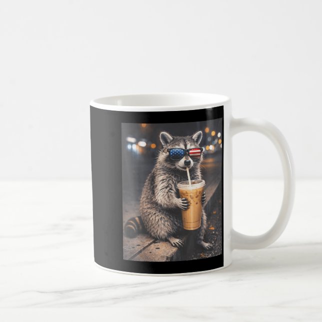 Cool racoon drinking iced coffee funny animal mem mug (Right)
