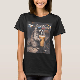 Cool racoon drinking iced coffee funny animal mem T-Shirt
