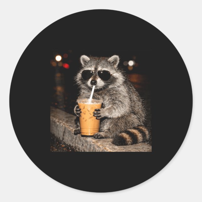 Cool racoon drinking iced coffee funny meme anima classic round sticker (Front)