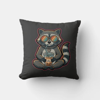 Cool Racoon Drinking Oat Milk Iced Coffee Cushion