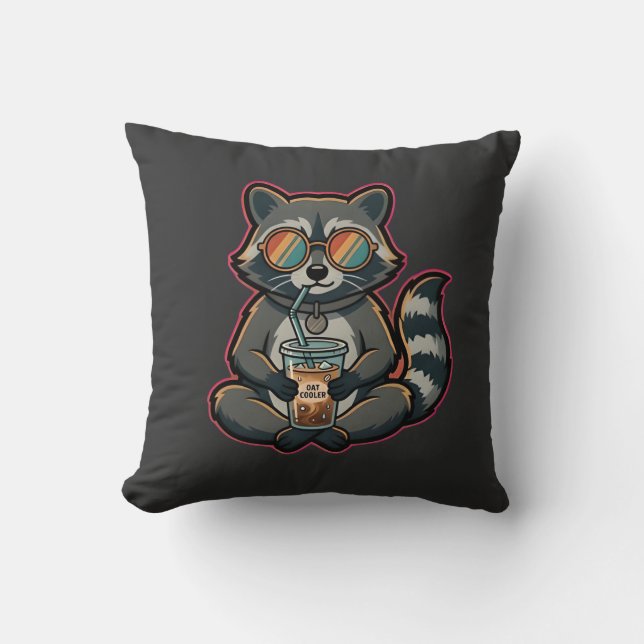 Cool Racoon Drinking Oat Milk Iced Coffee Cushion (Front)