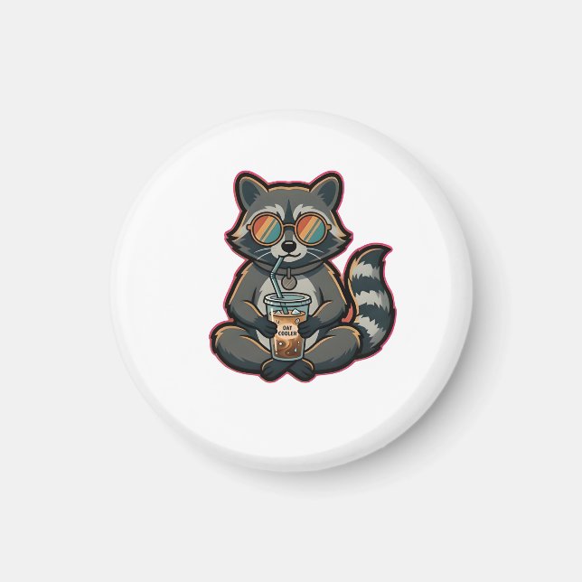 Cool Racoon Drinking Oat Milk Iced Coffee Magnet (Front)