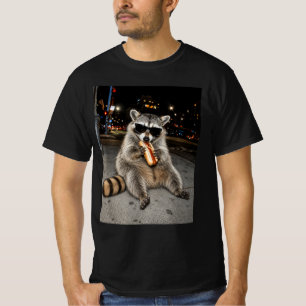 Cool Racoon Eating Hot Dog City Night T-Shirt
