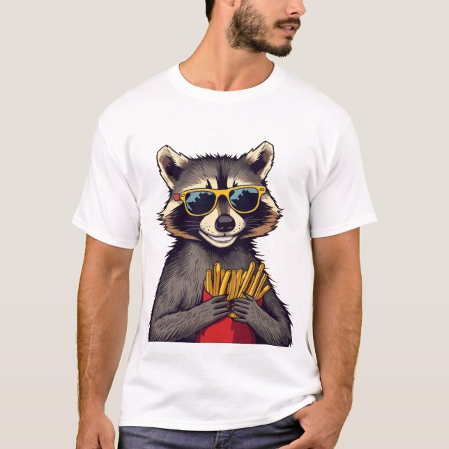 Cool Racoon Enjoying Fries T-Shirt (Front)