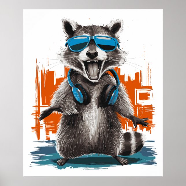 Cool Racoon with Headphones Poster (Front)