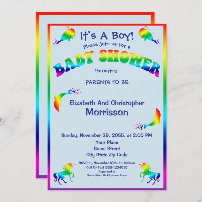 Cool Rainbow Boy Baby Shower With Cute Animals Invitation (Front/Back)