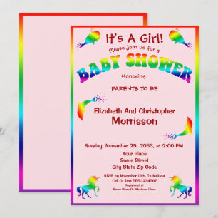 Cool Rainbow Girl Baby Shower With Cute Animals Invitation
