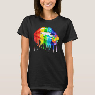 Cool Rainbow Lips Biting Candy Lgbt Les Gay Pride T-Shirt