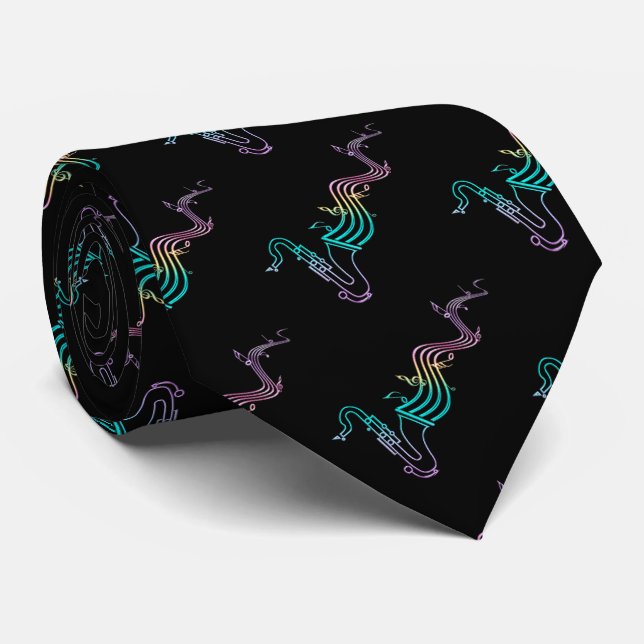 Cool Rainbow Saxophone Black Music Tie (Rolled)