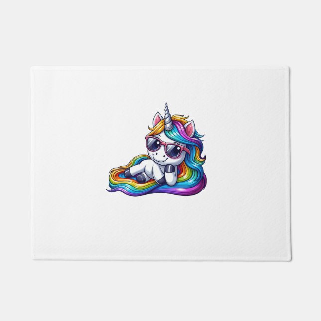 Cool Rainbow Unicorn with Sunglasses Relaxing Long Doormat (Front)