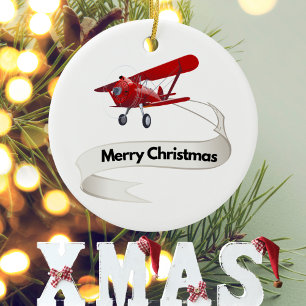 Cool Red Aeroplane & Santa, Merry Christmas Banner Ceramic Ornament