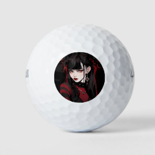 Cool Red and Black Goth Aesthetic Anime Girl Golf Balls