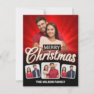 Cool Red, Black Merry Christmas 4 Couple Photo Holiday Card
