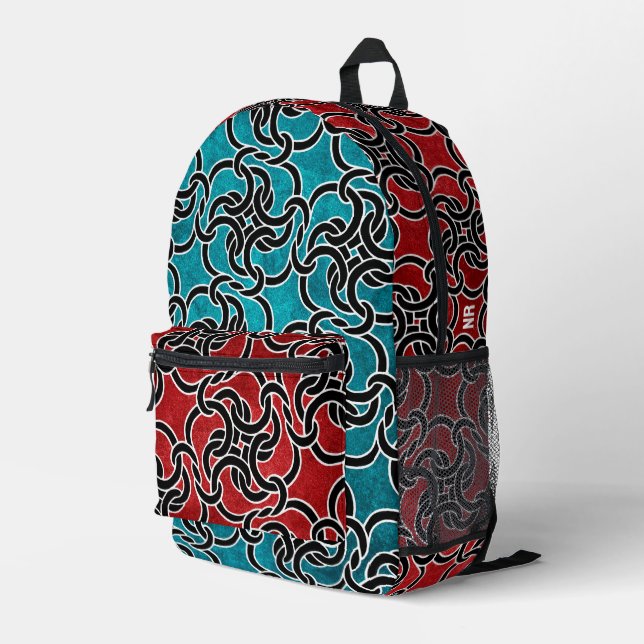  Cool Red & Blue Black Celtic Knot Modern Monogram Printed Backpack (Back Corner Right)