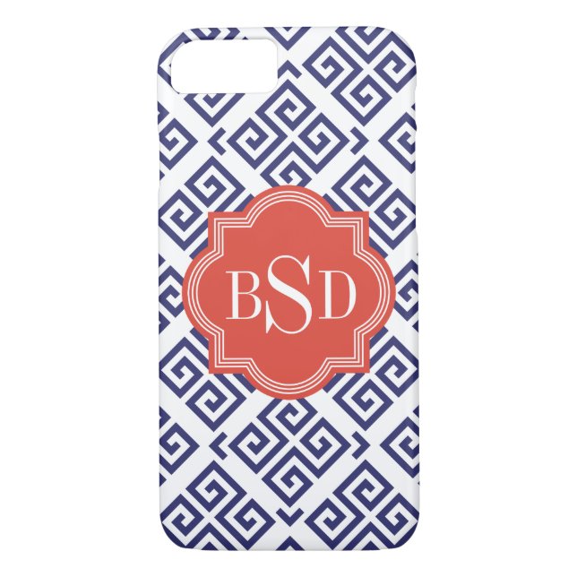 cool red blue white greek key pattern monogram Case-Mate iPhone case (Back)