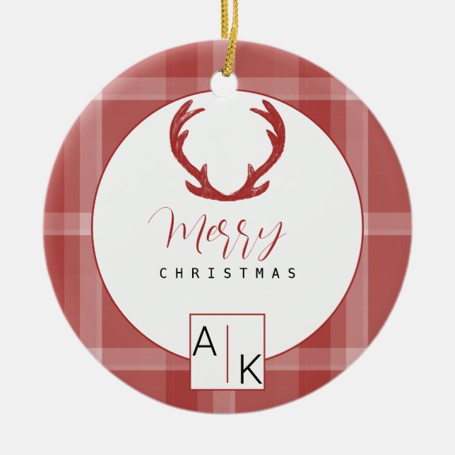 Cool Red Tartan Monogram Ceramic Ornament (Front)