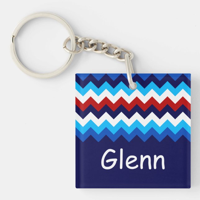 Cool Red White Blue Chevron Custom Square Keychain (Front)