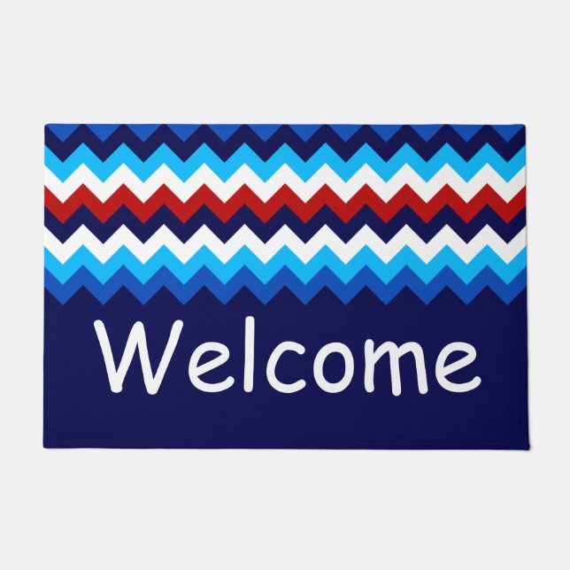 Cool Red White Blue Chevron Monogram Large Doormat (Front)