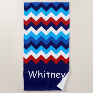 Cool Red White Blue Chevrons Monogram Beach Towel