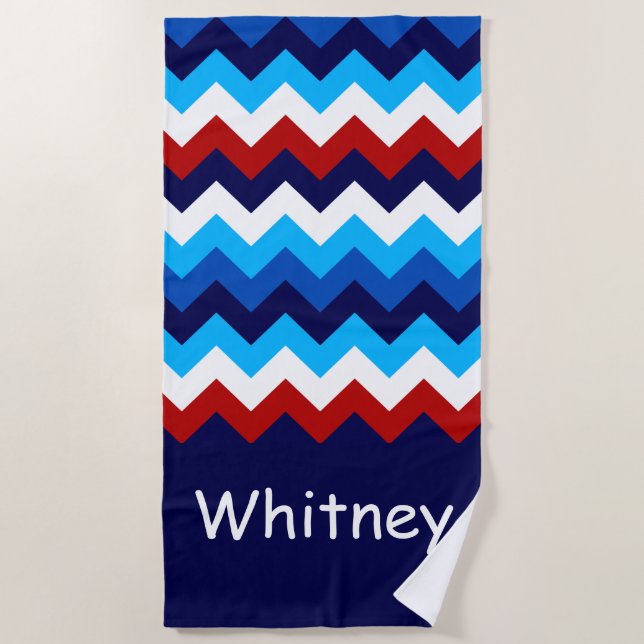 Cool Red White Blue Chevrons Monogram Beach Towel (Front)