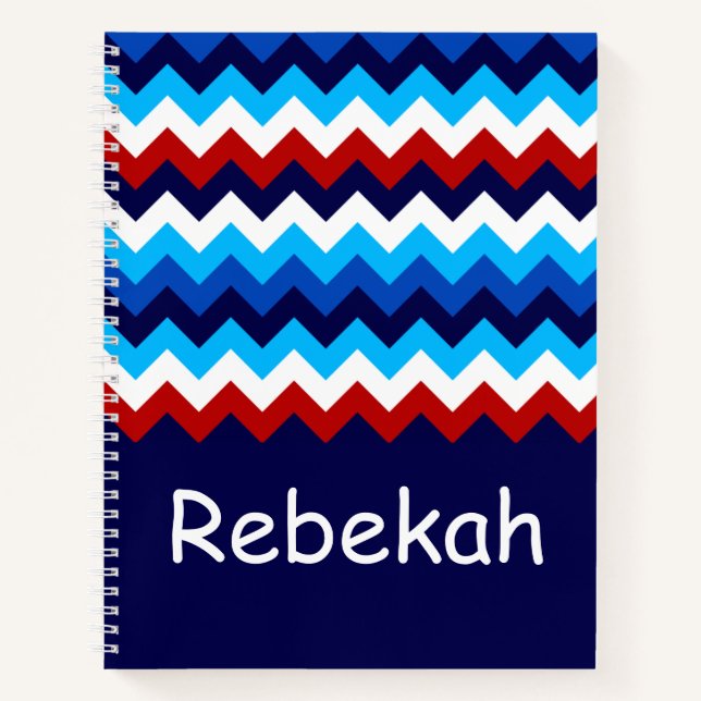 Cool Red White Blue Chevrons Monogram Notebook (Front)