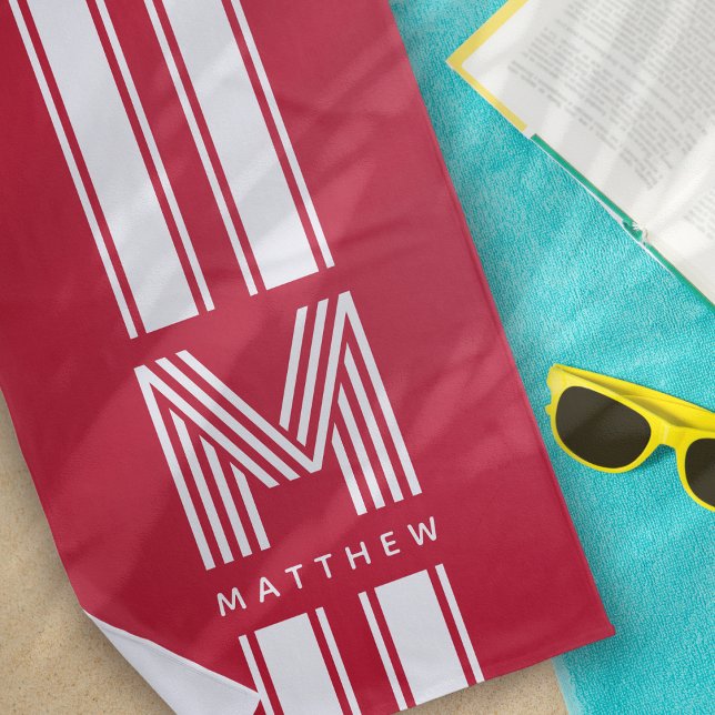 Cool Red White Racer Stripe Monogram Beach Towel (Creator Uploaded)