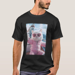 Cool Relaxed Cat on a Yacht Boat with Shark Funny T-Shirt