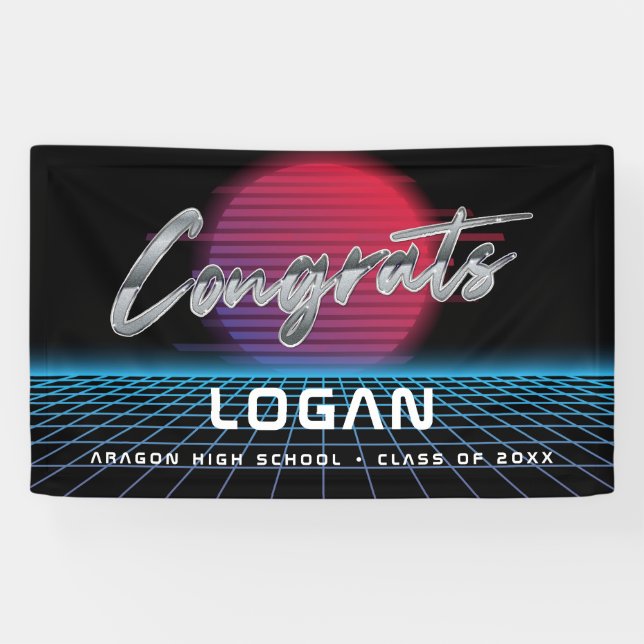 Cool Retro 80's Synthwave New Wave Grad Party Banner (Horizontal)