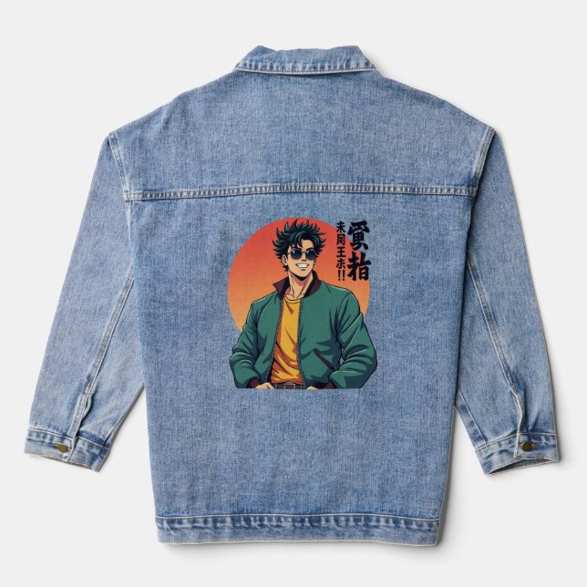 Cool Retro Anime Guy – Stylish 80s Aesthetic Sweat Denim Jacket (Back)