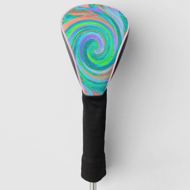 Cool Retro Aquamarine and Coral Liquid Art Swirl Golf Head Cover (Front)