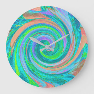 Cool Retro Aquamarine and Coral Liquid Art Swirl Large Clock