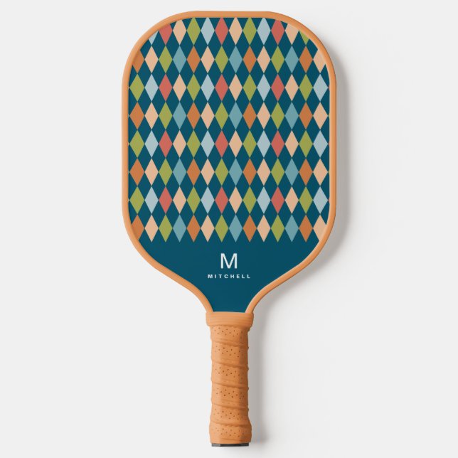 Cool Retro Argyle Diamonds Teal Monogram  Pickleball Paddle (Front)