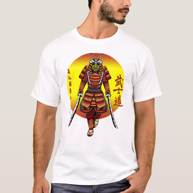 Cool Retro Armoured Samurai with 2 Katanas T-Shirt (Front)