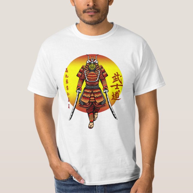 Cool Retro Armoured Samurai with 2 Katanas T-Shirt (Front)