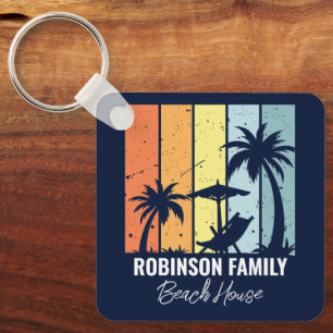 Cool Retro Beach House Custom Navy Blue Key Ring