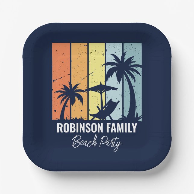 Cool Retro Beach Party Custom Navy Blue Paper Plate (Front)