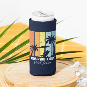 Cool Retro Beach Vacation Custom Navy Blue Seltzer Can Cooler