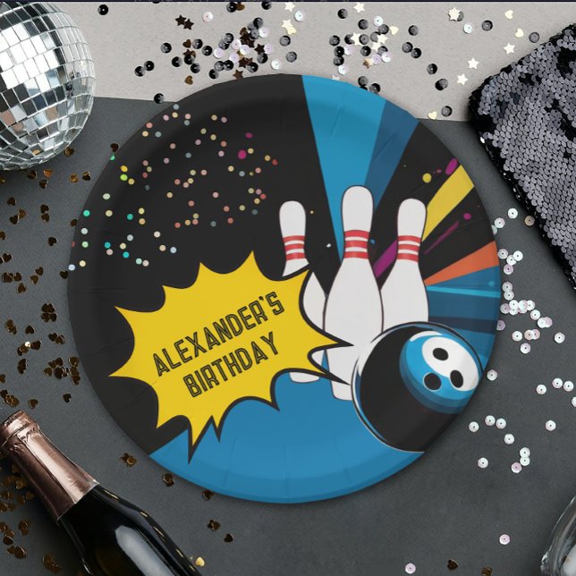 Cool Retro Blue Black Bowling Pin Birthday Party  Paper Plate (Creator Uploaded)