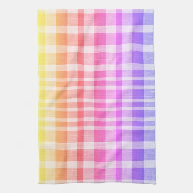 Cool Retro Blue Yellow Pink Textured Plaid Pattern Tea Towel (Vertical)