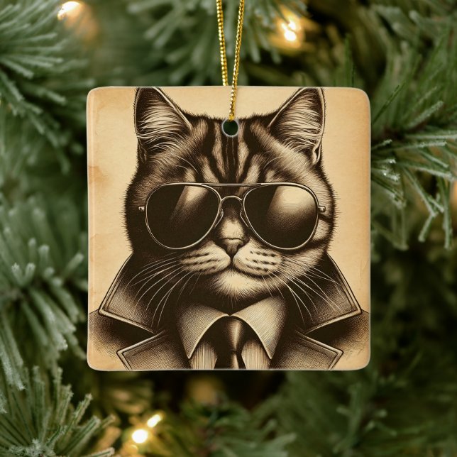 Cool Retro Cat in Aviator Sunglasses Christmas Ceramic Ornament (Tree)