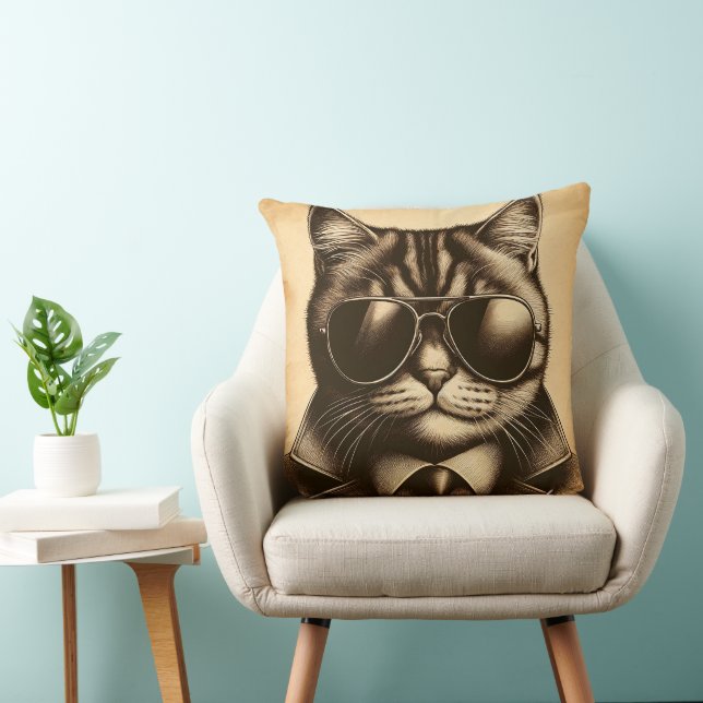 Cool Retro Cat in Aviator Sunglasses, Sepia Cushion (Chair)