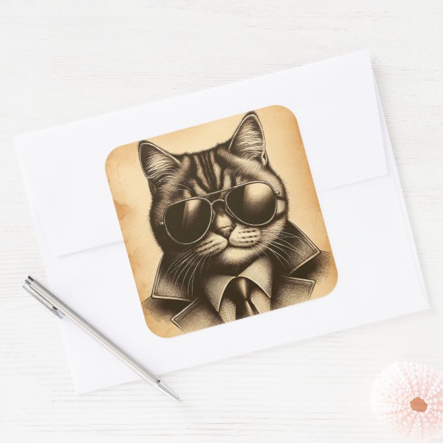Cool Retro Cat in Aviator Sunglasses, Sepia Square Sticker (Envelope)