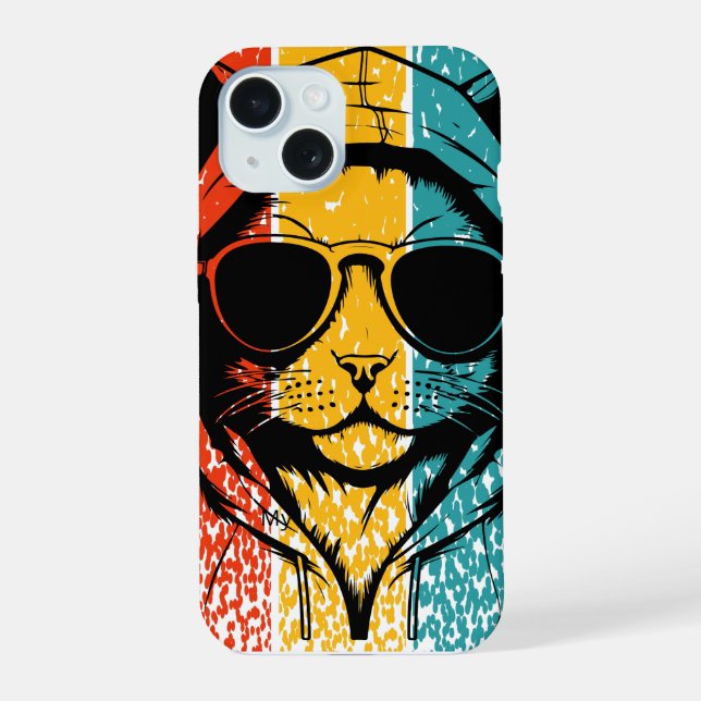 Cool Retro Cat with Sunglasses iPhone 15 Case (Back)
