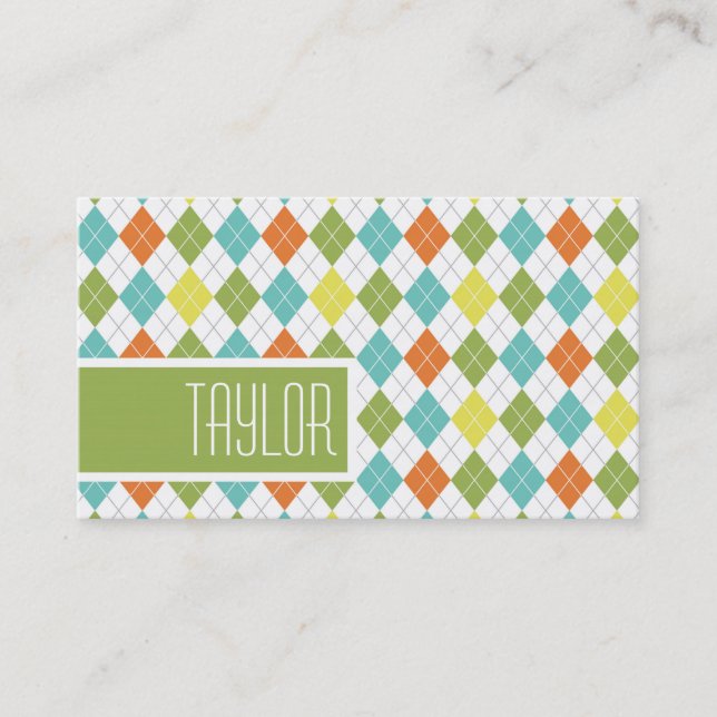 Cool, Retro Colourful Argyle, Orange Green Yellow Business Card (Front)