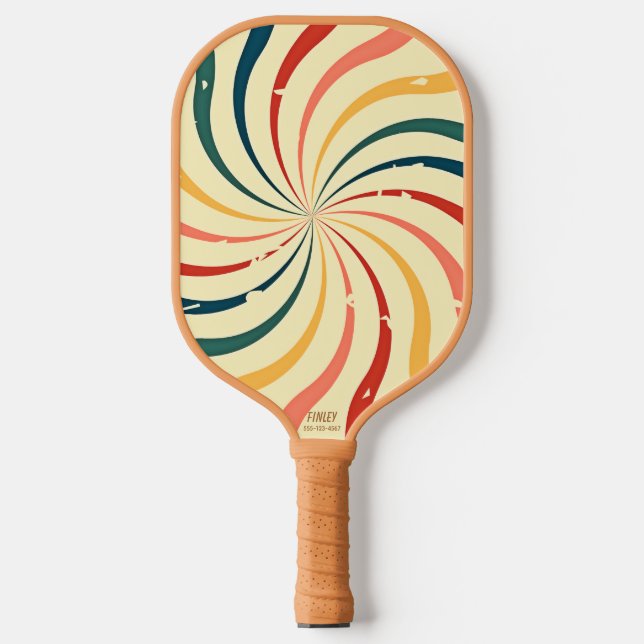 Cool Retro Colourful Swirl Custom Name Phone # Pickleball Paddle (Front)