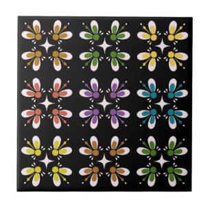Cool retro colouring l Multicolor floral l Black Ceramic Tile