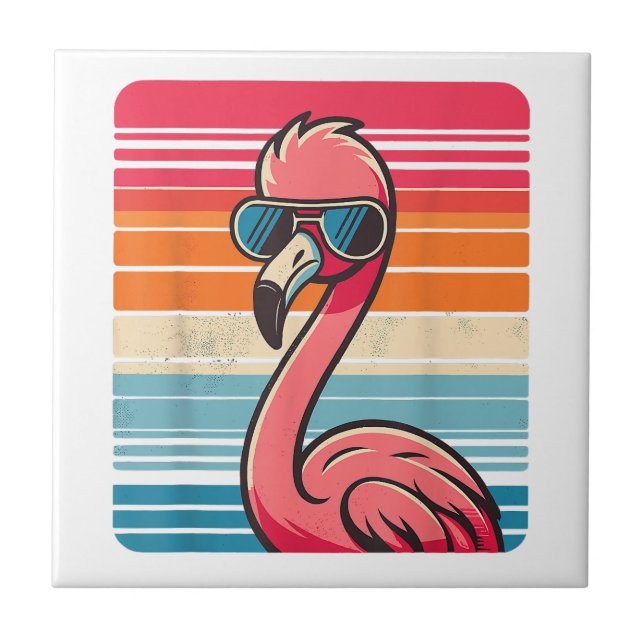 Cool Retro Flamingo in Sunglasses 70s 80s 90s Funn Ceramic Tile (Front)