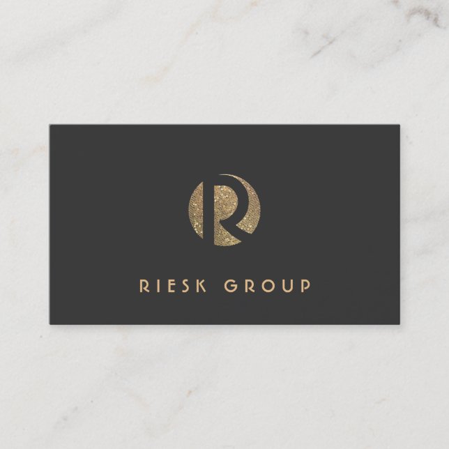 Cool Retro Gold Monogram Modern Black Business Card (Front)