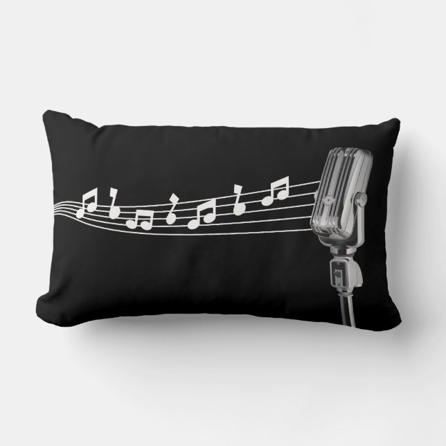 Cool Retro Mic & Musical Notes Black Lumbar Cushion (Front)